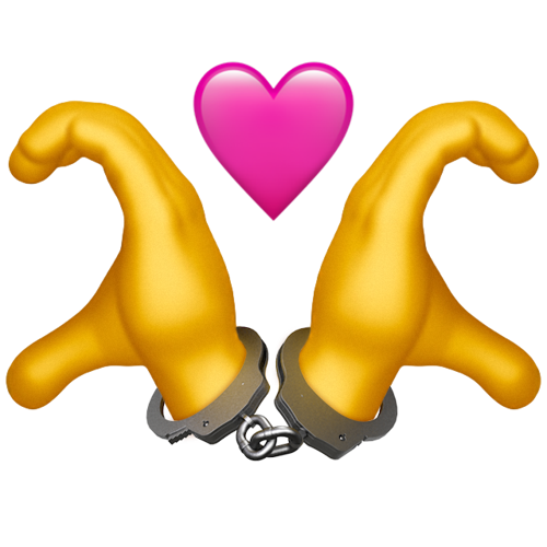 A digital illustration of two handcuffed hands trying to form a heart shape, with a pink heart floating above the hands